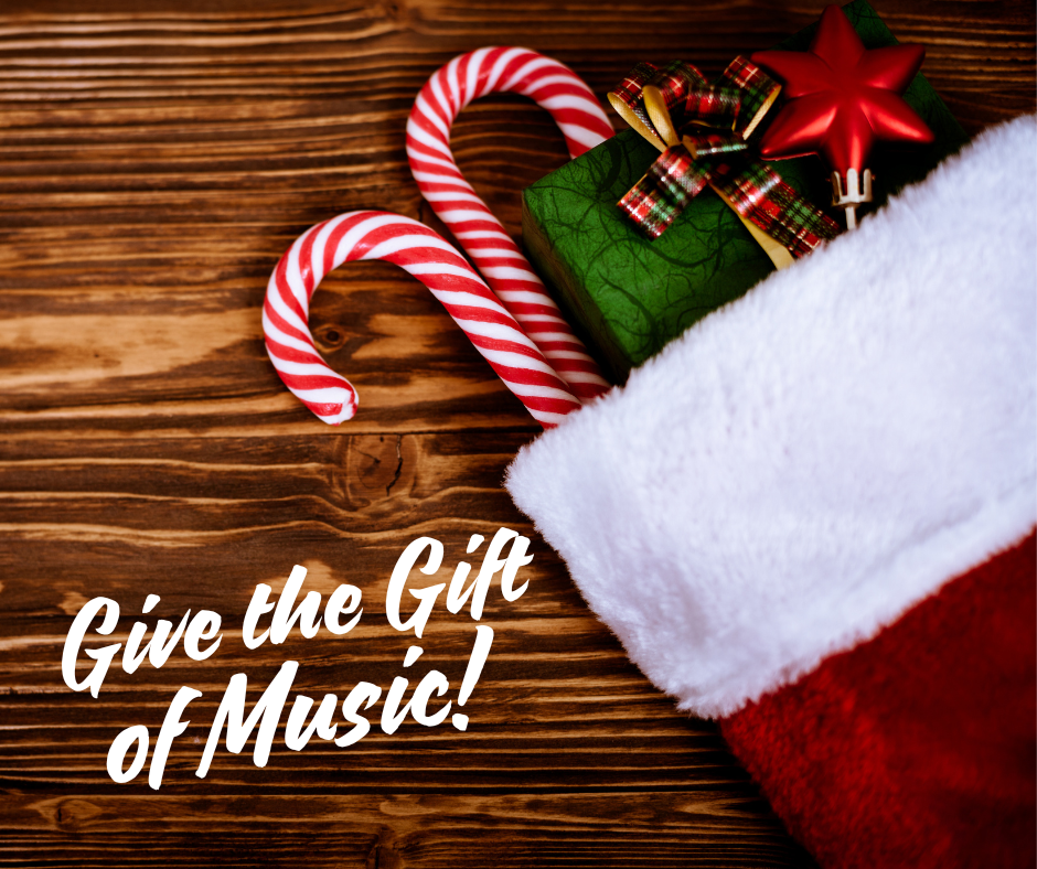 Christmas stocking with text "Gift the Gift of Music!" Christmas Gift